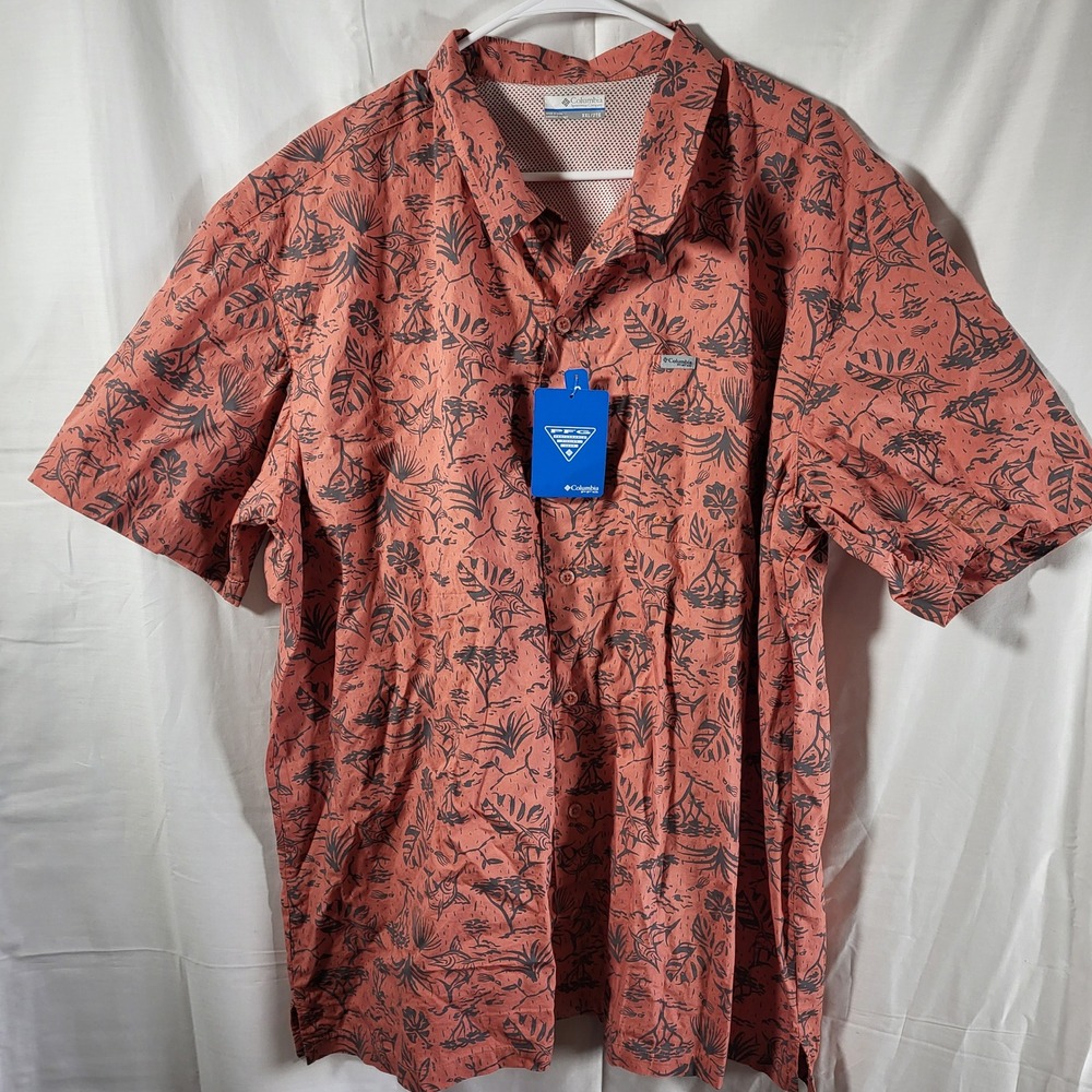 Columbia PFG Mens XXL Tropical Palm Print‎ Fishing Shirt Coral Short Sleeve NWT